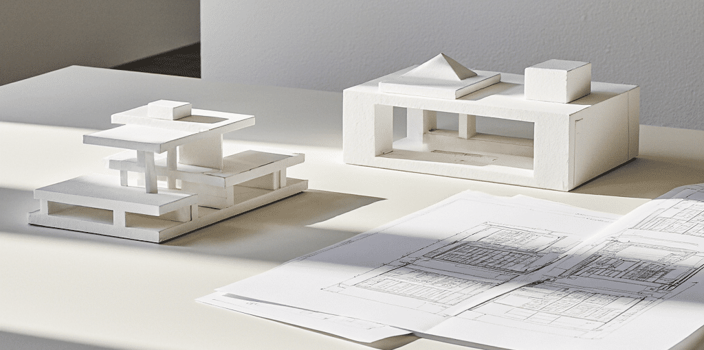 modern architectural design process blueprints and 3d model of a house on a table soft daylight min gfqqamld9a67wuyznemw 3